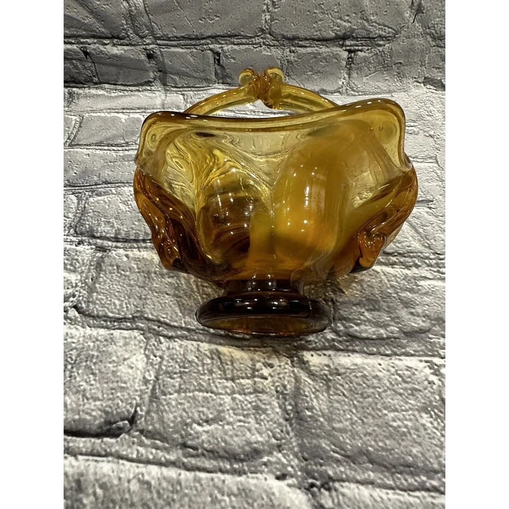 Vintage AMBER Free-Form ART GLASS W/White SHADE Handled Basket Candy Dish